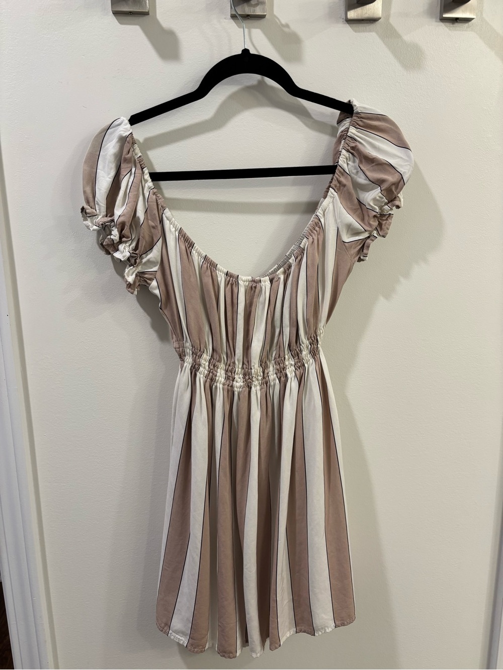 Capulet Taupe and White Striped Puff-Sleeve Mini Dress
